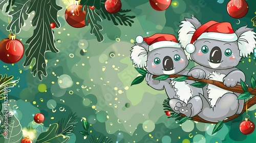 Festive Koalas: A Heartwarming Christmas Celebration – Adorable Eucalyptus-Loving Marsupials in Holiday Cheer, Wearing Santa Hats & Decorating Trees for a Whimsical Wildlife Holiday Scene