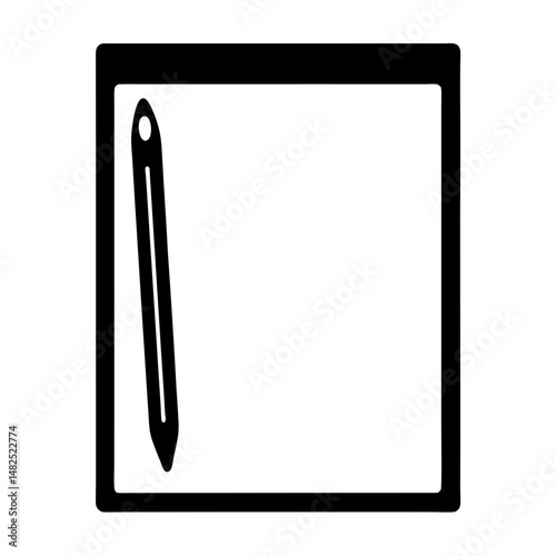 Black and white drawing of a tablet with a stylus near the screen