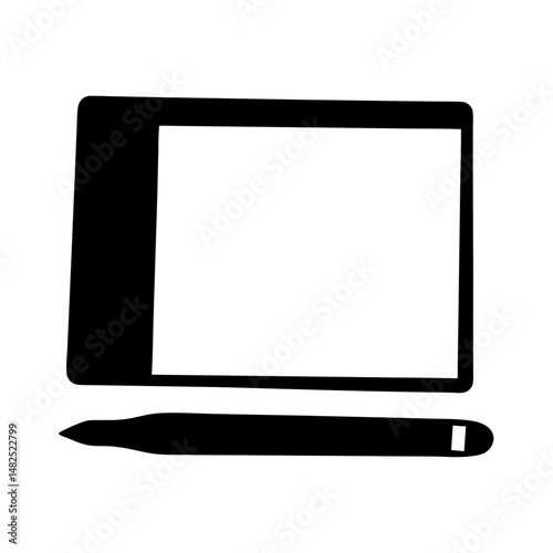 Black and white illustration of a graphic tablet with a stylus