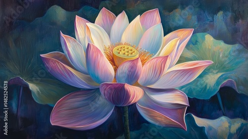 A vivid oil painting of a blooming lotus flower 