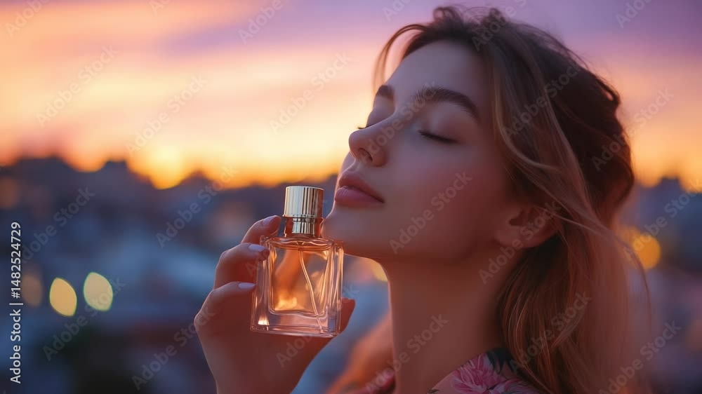 young beautiful woman holding a bottle of perfume and inhaling the aroma against the background of an evening blurred city, perfumery, eau de toilette, smell fragrance