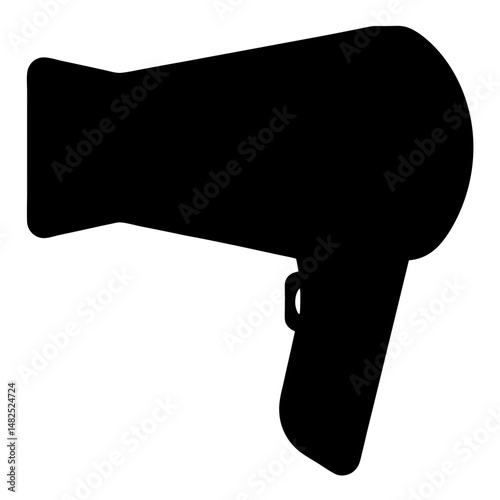 A sleek black silhouette of a hair dryer on a white background