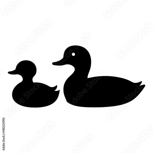 Two Black Duck Silhouettes, a Parent and a Duckling Swimming Together