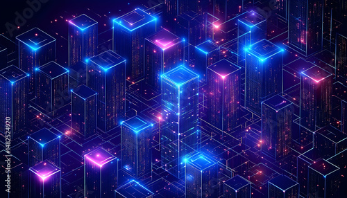 Futuristic grid of city blocks in neon blue and pink hues. Digital landscape radiates technology and innovation
