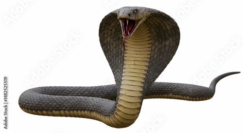 A striking king cobra poised with hood flared open mouth and tongue visible on a white background