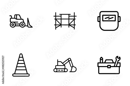 Construction icons including machinery, scaffolding, and tools  
