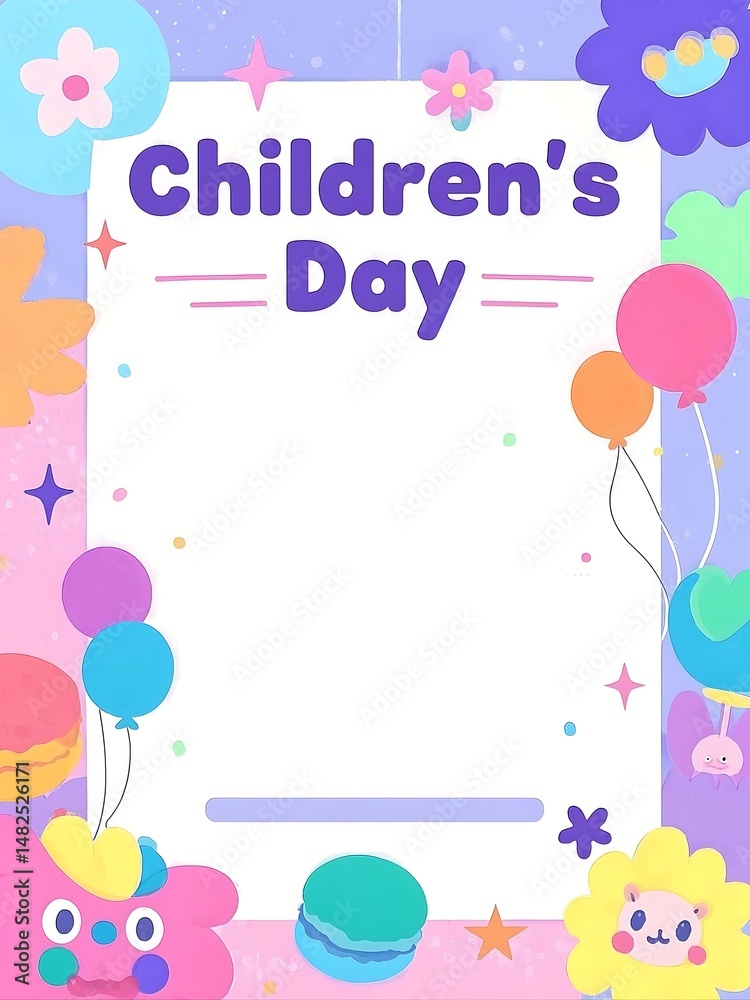 Colorful Children’s Day poster featuring “Children’s Day” text at the top, decorative floral border framing vibrant color blocks, and a blank lower half reserved for custom messages Colorful Children’s Day poster featuring “Children’s Day” text at the top, decorative floral border framing vibrant color blocks, and a blank lower half reserved for custom messages