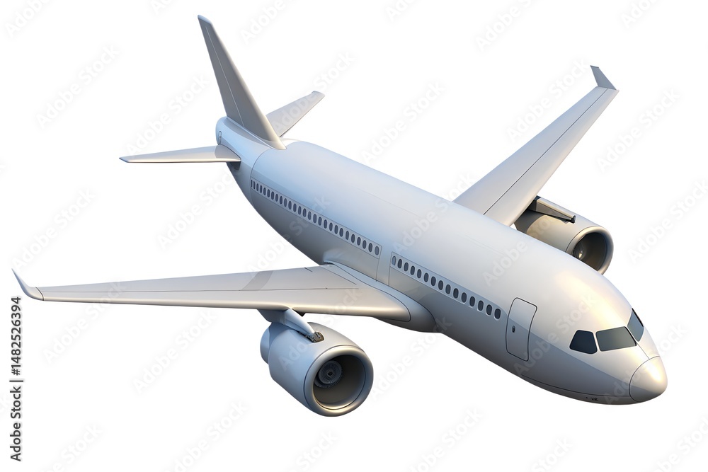 Obraz premium 3d rendering of a commercial passenger airplane in flight, realistic detailed photorealistic high resolution, white body, swept wings, clean sleek design, dramatic lighting, cinematic 