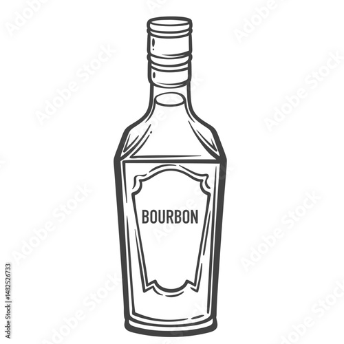 Bourbon bottle with classic label in doodle outline style. Hand drawn alcohol drink element. Vector illustration for bar packaging, menu, or branding design.