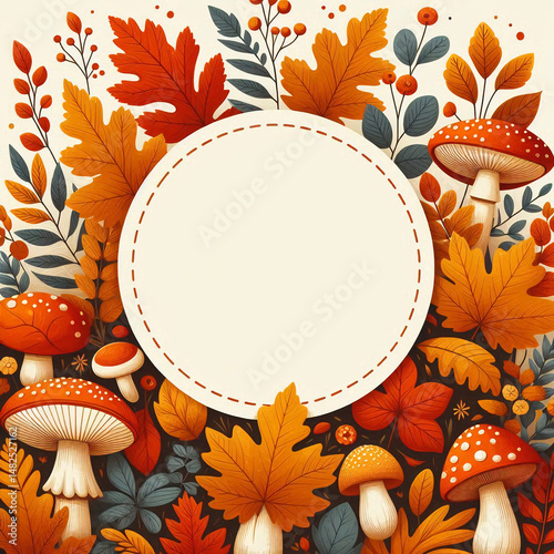Autumn background, frame of leaves and mushrooms.