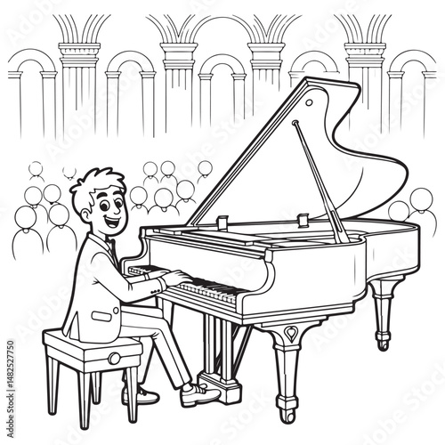 Hand-drawn illustration of a saxophonist playing music with musical notes surrounding him, perfect for jazz, music, and artistic design concepts
