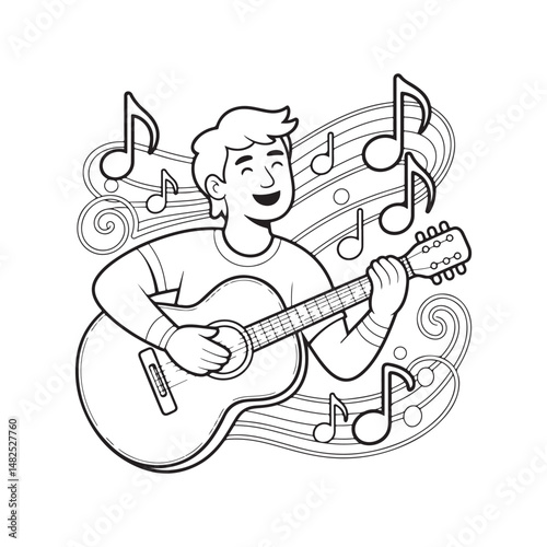Hand-drawn illustration of a saxophonist playing music with musical notes surrounding him, perfect for jazz, music, and artistic design concepts