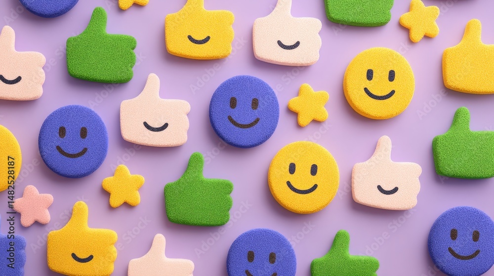 Naklejka premium Flat Lay of Colorful Reaction Emojis on Purple Background