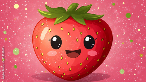 Cute kawaii strawberry cartoon illustration.