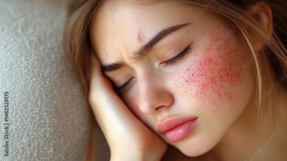 Close-up of a young woman with facial redness and irritation, appearing unwell and distressed. Close-up of a young woman with facial redness and irritation, appearing unwell and distressed.