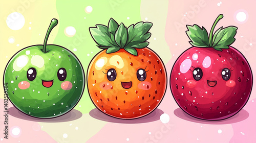 Cute cartoon fruits, apple, strawberry, and orange, kawaii style.