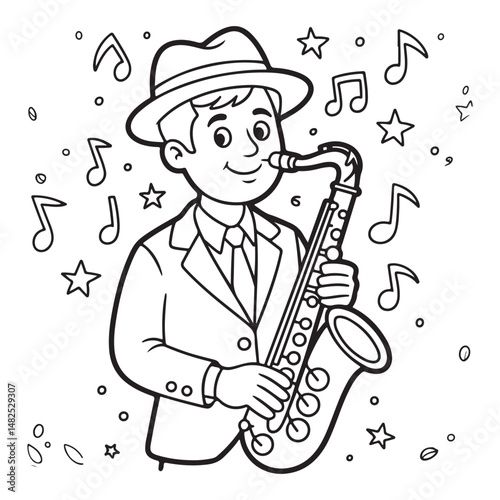 Hand-drawn illustration of a saxophonist playing music with musical notes surrounding him, perfect for jazz, music, and artistic design concepts