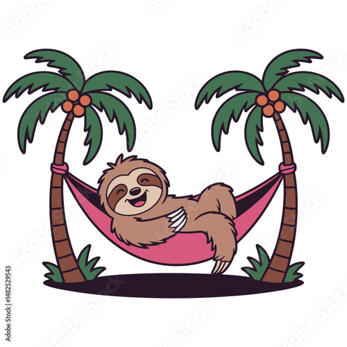 Cute Sloth Relaxing in Hammock Between Palm Trees Cartoon Illustration