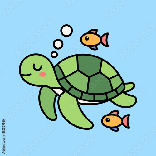 Cute Sea Turtle Swimming with Fish Cartoon Illustration