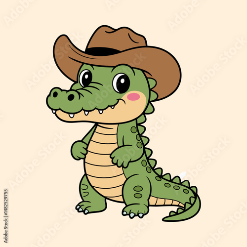 Cute Cartoon Crocodile Wearing Cowboy Hat Illustration