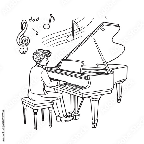 Hand-drawn illustration of a saxophonist playing music with musical notes surrounding him, perfect for jazz, music, and artistic design concepts