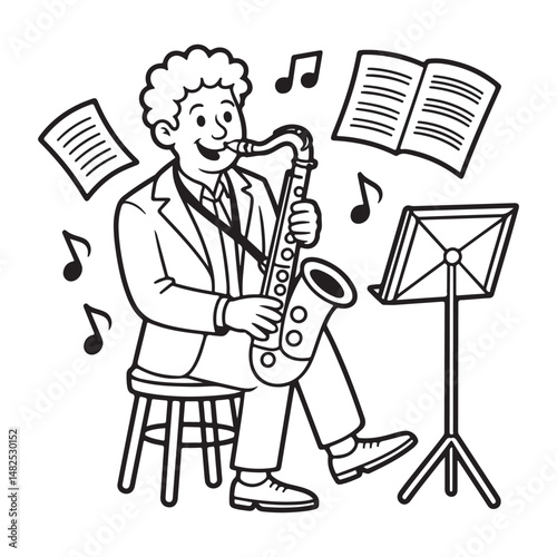 Hand-drawn illustration of a saxophonist playing music with musical notes surrounding him, perfect for jazz, music, and artistic design concepts