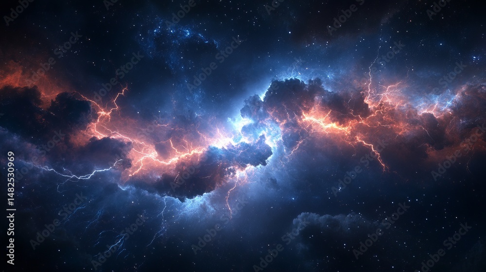 A cosmic storm with lightning bolts striking through space A cosmic storm with lightning bolts striking through space