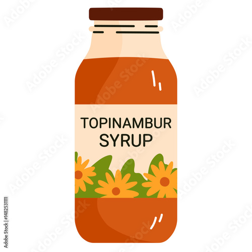 Topinambur syrup  in a bottle with floral label. Natural sweetener made made from topinambur root. Healthy sugar substitute. Vector illustration in cartoon style. Isolated on white background