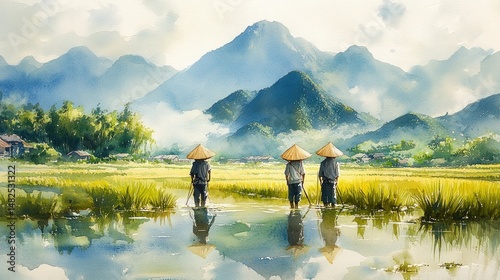Asian farmers working in rice paddy.  Mountainous landscape