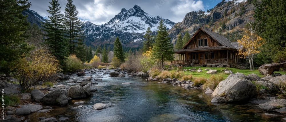 Fototapeta premium Serene Mountain Cabin with Spring Meltwater View and Lush Surroundings