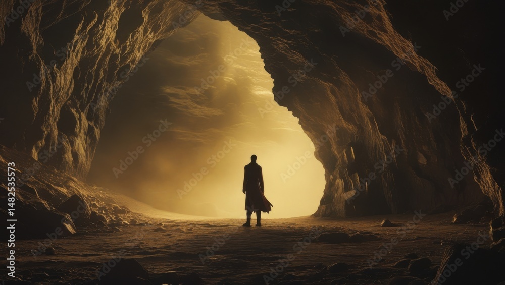 Fototapeta premium Mysterious Figure Emerging from a Dark Cave