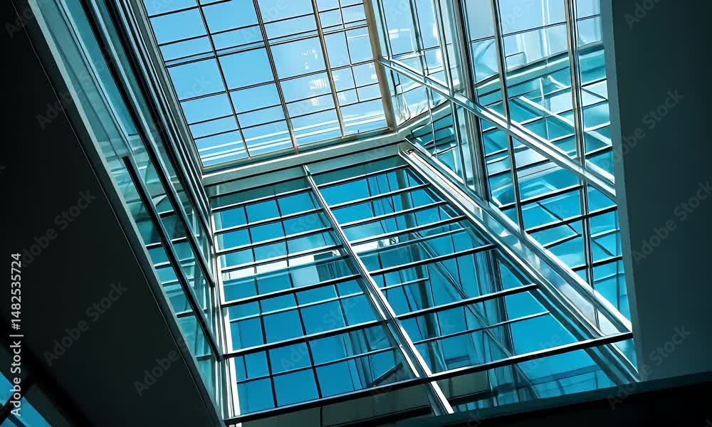 Modern Blue Glass Ceiling of a Building with Geometric Design and Natural Light Low Angle View Modern Blue Glass Ceiling of a Building with Geometric Design and Natural Light Low Angle View