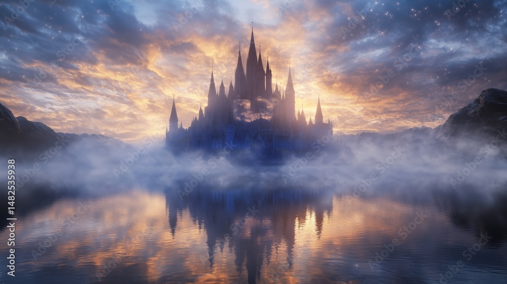 Fototapeta premium Enchanted Castle Rising from Misty Lake