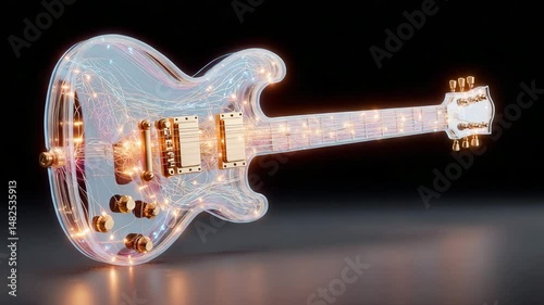 guitar made of glowing neon wires on black background, minimal cyberpunk music concept 