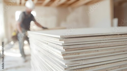 Stack of Drywall Sheets at a Construction Site with a Blurred Worker