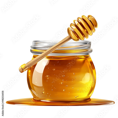 Honey isolated on white or transparent background. Jar with honey and honey dipper with drop of honey
