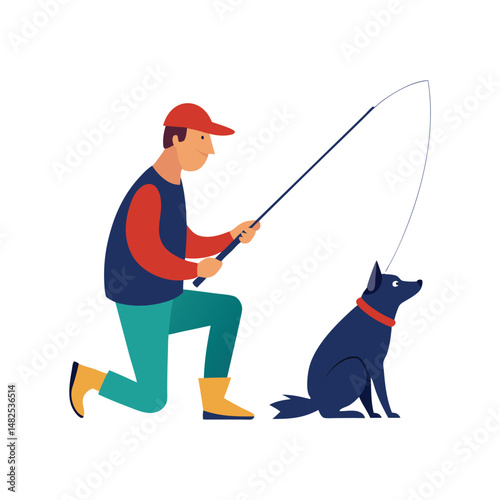 Flat and Minimal a man fishing with his dog logo vector illustration isolated on white background
