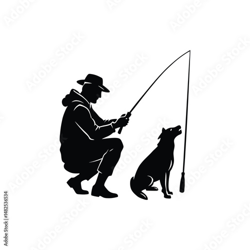 Flat and Minimal a man fishing with his dog logo vector illustration isolated on white background