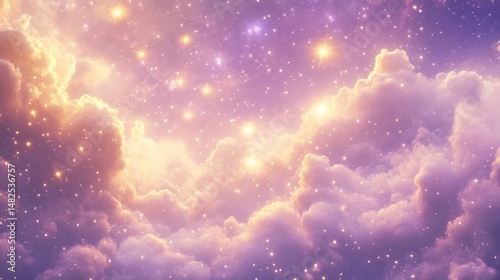 A fantasy celestial sky with golden stars and purple clouds 