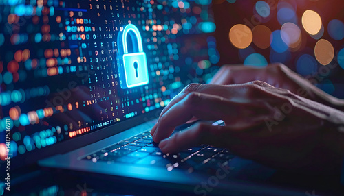 Cybersecurity Safeguard:  A close-up of hands typing on a laptop, with a glowing padlock icon overlaid on the screen. The background is a blur of colorful code.