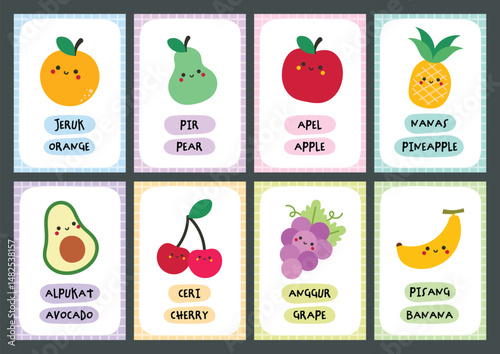 Printable flashcard set for kids to learn fruit names in Indonesian and English great for early bilingual learning activities language recognition and vocabulary building