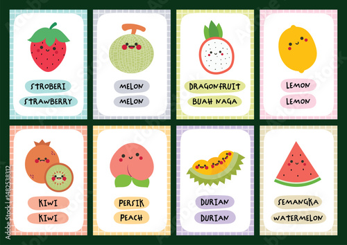 Printable flashcard set for kids to learn fruit names in Indonesian and English great for early bilingual learning activities language recognition and vocabulary building