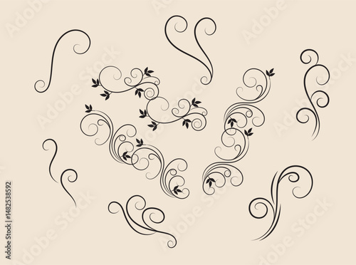 Collection of Elegant Black Floral Swirls and Flourishes Design Elements for Invitations and Decorations