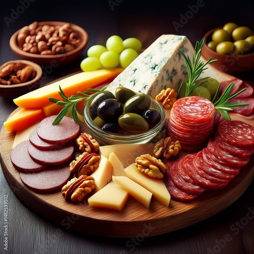 Nahaufnahme einer rustikalen Käseplatte mit Wurst, Oliven und Nüssen photo