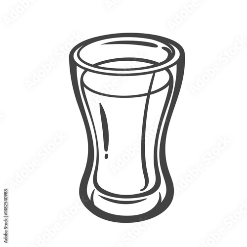 Small curved shot glass drawn in bold contour lines, used for serving hard liquor or mixed shooters. Simple drinking glassware for bar design or cocktail menus. Vector illustration.