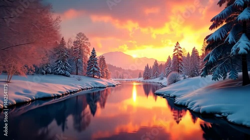 Serene Winter Sunset A Tranquil River Reflecting the Golden Hues of Twilight