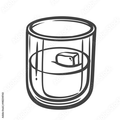 Hand drawn outline illustration of whiskey glass with ice cube. Sketch of alcohol drinkware for pub menus, beverage packaging, or cocktail bar design.