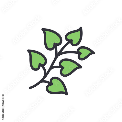 Botanical Illustration Of A Branch With Green Leaves On Transparent Layout