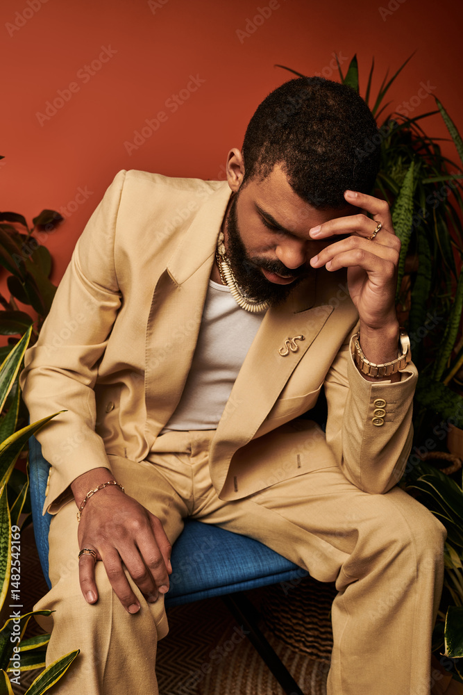 Obraz premium Handsome man in stylish summer suit relaxing among lush greenery indoors with a warm vibe