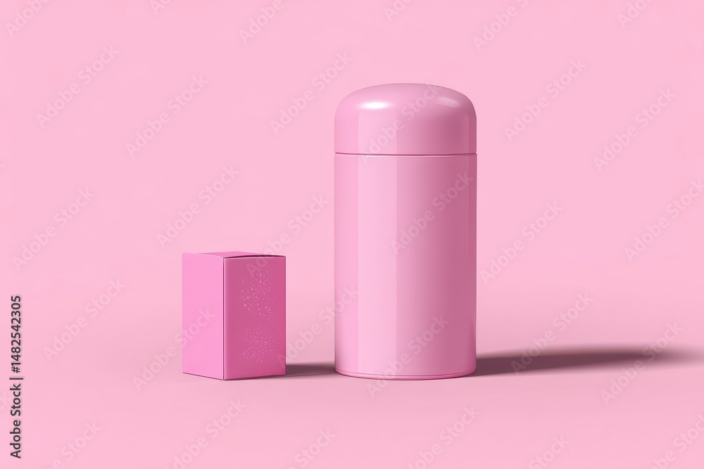 Mockup of pink roller deodorant, pink cosmetics tubes and boxes on a pink background